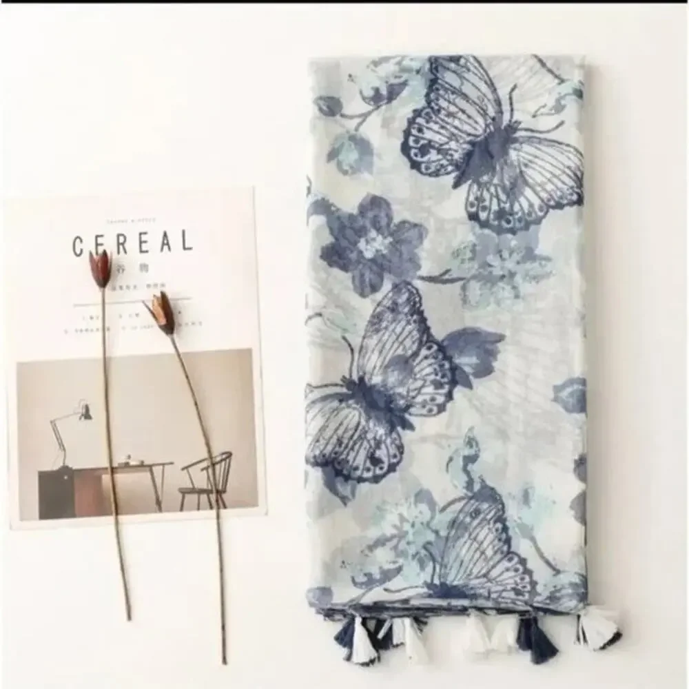 NEW Boho Butterfly Design Tasseled Rectangle Soft Chic Scarf Large Blue White